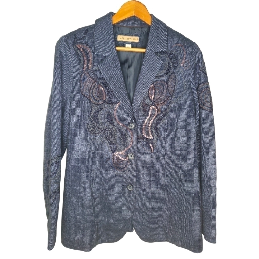 VINTAGE Coldwater Creek Wool Blend Embroidered Embellished Blazer Size 14